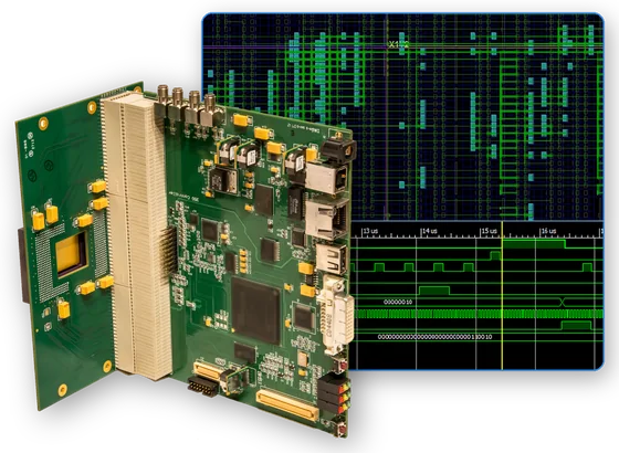 A carrier board mated to a mezzanine card through a backplane connector, in front of
                an FPGA place-and-route floorplan and a captured logic-analyser trace.